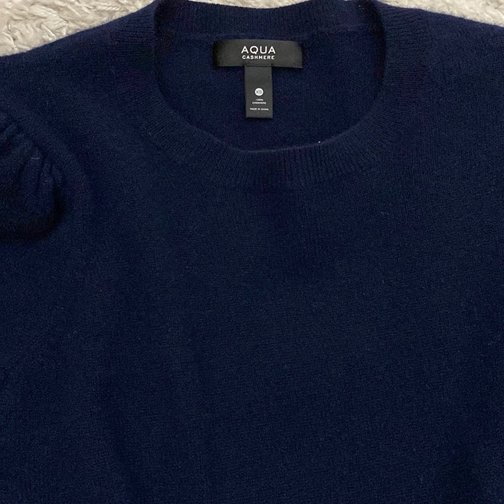 Cashmere navy aqua sweater with puff sleeves